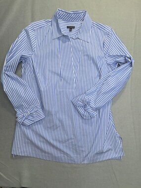 Women's Talbots Blue White Stripe Preppy Tunic Blouse Bow Detail size M Spandex